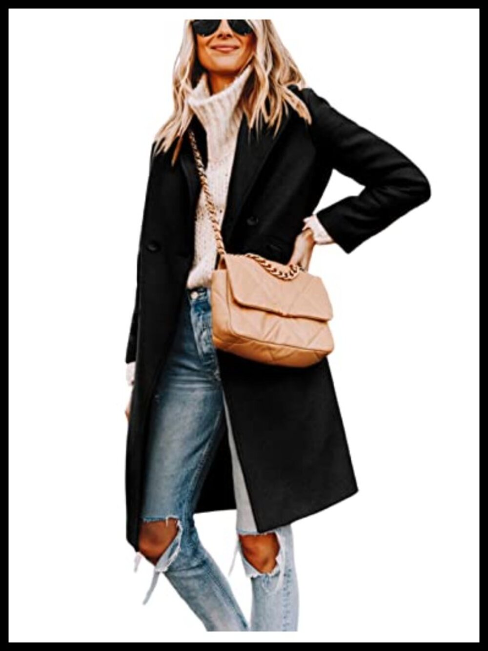 Women's Wool Blend Peacoat Notch Lapel Double-Breasted Winter Coat Knee Length